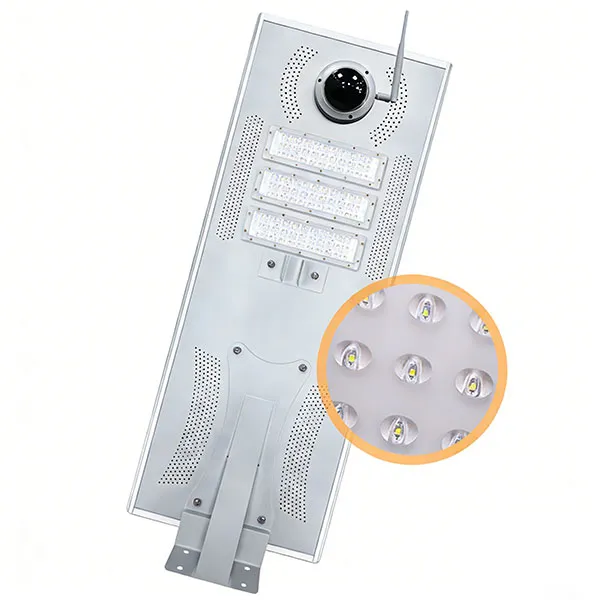 Sungreat Energy BKC Series integrated solar street light with built in CCTV security camera and close up view of high efficiency LED lens modules for smart outdoor lighting