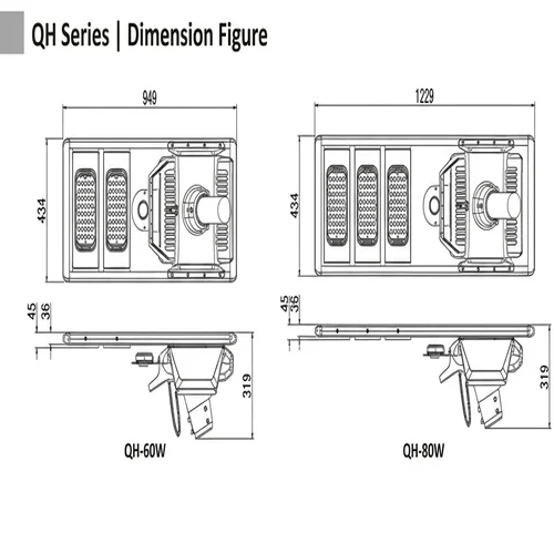 Disegni dimensionali dei lampioni solari Sungreat Energy serie QH per i modelli compatti da 60W e 80W.