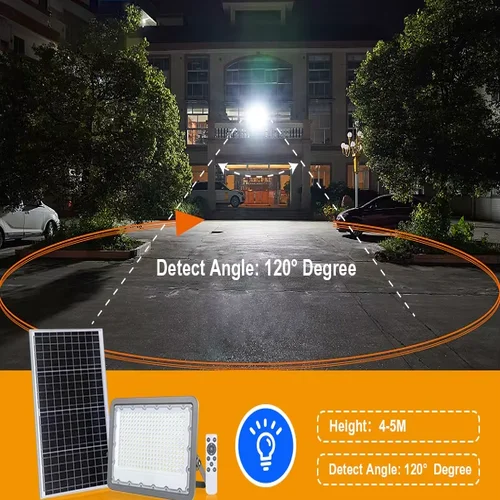 Projecteur solaire de la série FL, avec un angle de détection de 120 degrés, éclairant une cour la nuit.