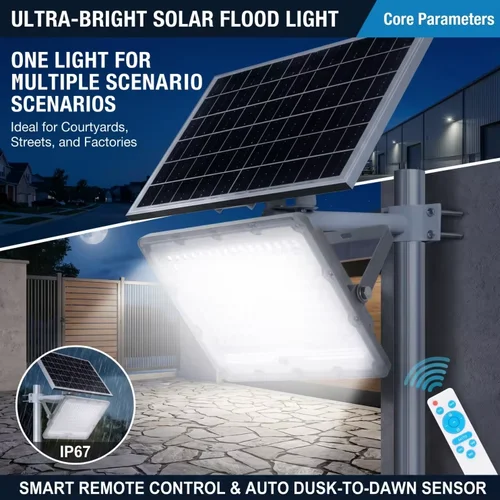 Projecteur solaire ultra-lumineux série FL avec protection IP67, télécommande intelligente et capteur crépusculaire automatique