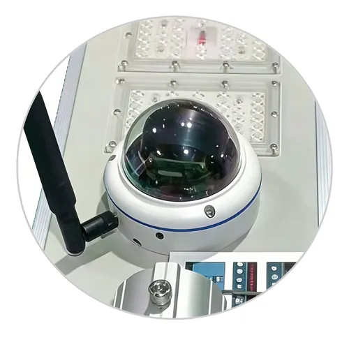 Close up detail of PTZ security camera on FNC series all-in-one solar street light with antenna and LED modules