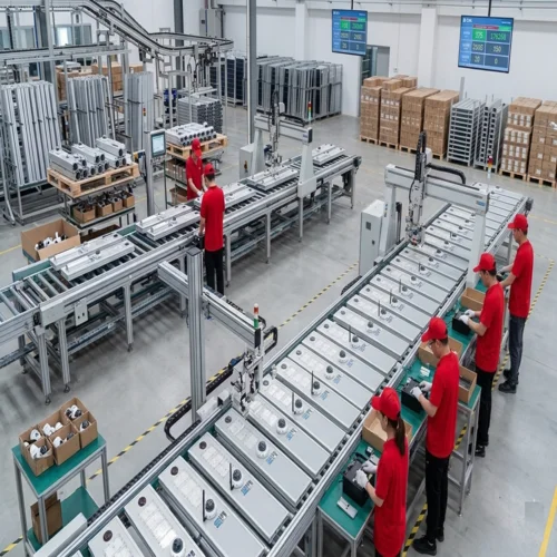 Smart manufacturing assembly line producing FNC series integrated solar street lights with built-in CCTV cameras