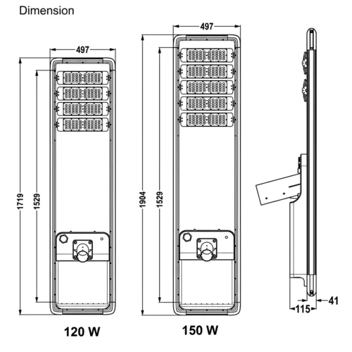 Dimension drawing of QM series integrated solar street light showing 120W and 150W models with detailed measurements