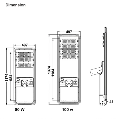 Dimension drawing of QM series integrated solar street light showing 80W and 100W models with detailed measurements