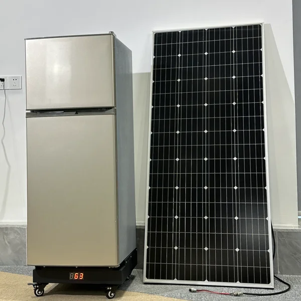 Refrigerador solar com painel solar, modelo DC, para uso doméstico e comercial na África e no Oriente Médio, sem necessidade de conexão à rede elétrica.