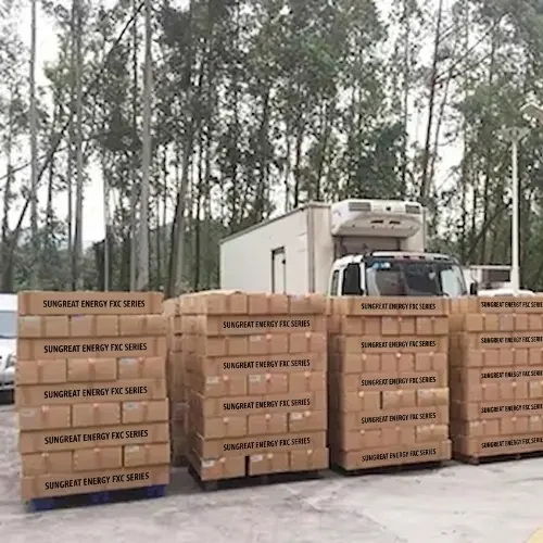 Multiple pallets of Sungreat Energy FXC Series solar street lights packed in boxes ready for shipment